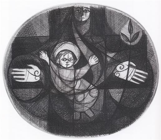 Black-and-white abstract drawing of a child with a halo, surrounded by two large hands, a plant, and a figure in the background, all within a circular frame of intersecting lines.