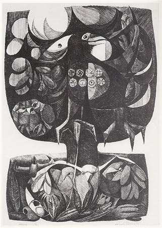 Abstract black-and-white drawing featuring a large bird with patterned feathers, surrounded by stylized leaves, branches, and geometric shapes that create a dense, textured composition.