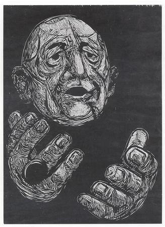 Black and white illustration of an expressive face with furrowed brows and open mouth, accompanied by two large, detailed hands raised in front, set against a dark background.