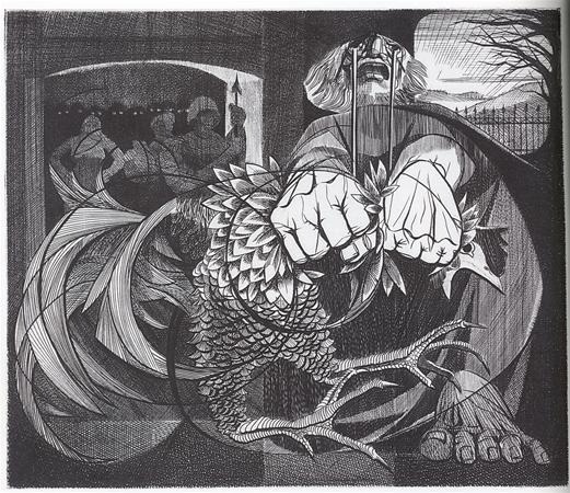 A black-and-white illustration of a distressed man with clenched fists, a rooster in the foreground, and shadowy figures holding spears in the background; the scene appears tense and dramatic.