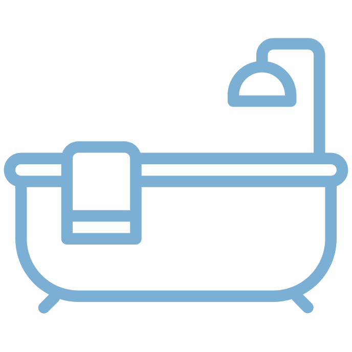 An icon of a bathtub with a faucet. The bathtub has curved edges and a simple design, with a showerhead positioned above it. The icon is light blue on a white background.