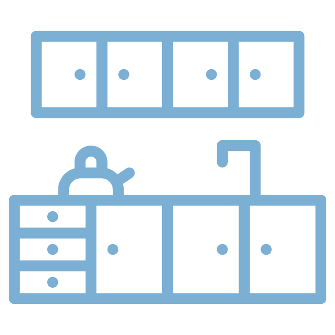 A simple blue icon of a kitchen, showing upper and lower cabinets with drawers on the left. A person stands at a countertop with a faucet on the right.