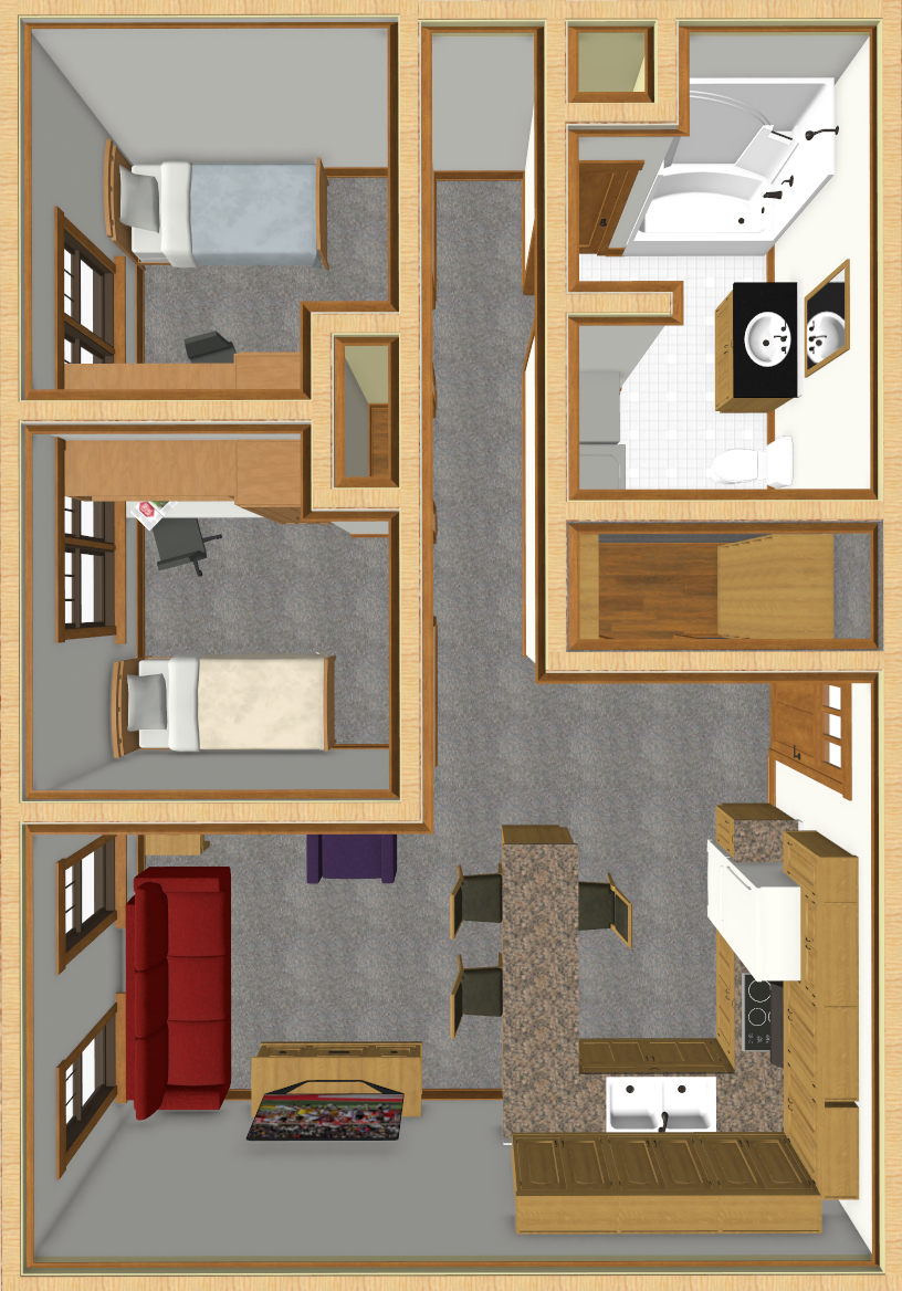 Floor plan of an apartment showing two bedrooms with individual beds, a central hallway, a bathroom, a kitchen with a small bar area, and a living room featuring a red sofa and a TV on the wall.