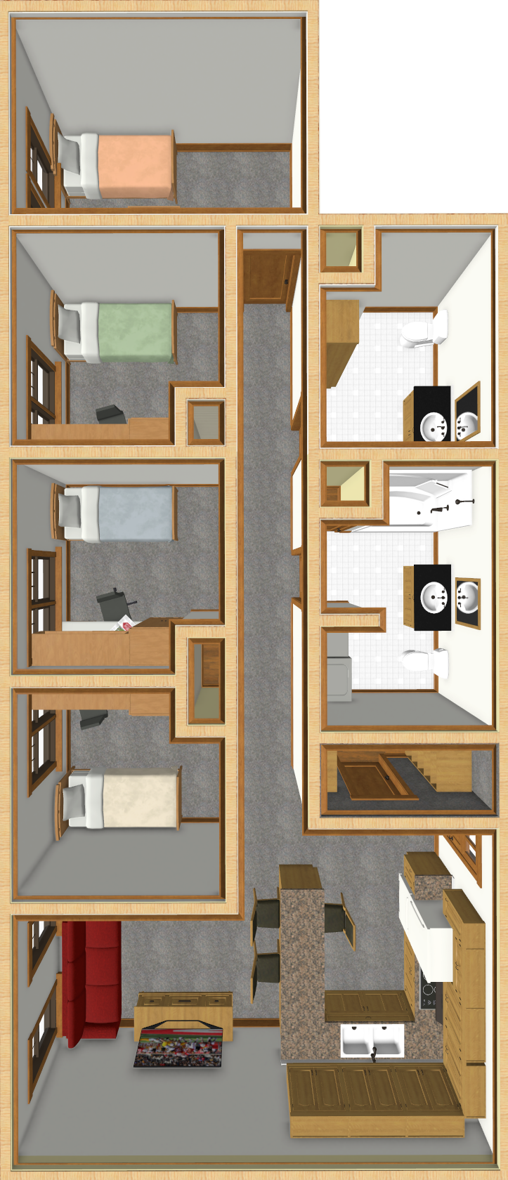 3D floor plan of an apartment with four bedrooms, two bathrooms, a kitchen with an island, dining area, and living room with a sofa. Each bedroom has a bed and a wardrobe. The bathrooms have twin sinks and a shower.