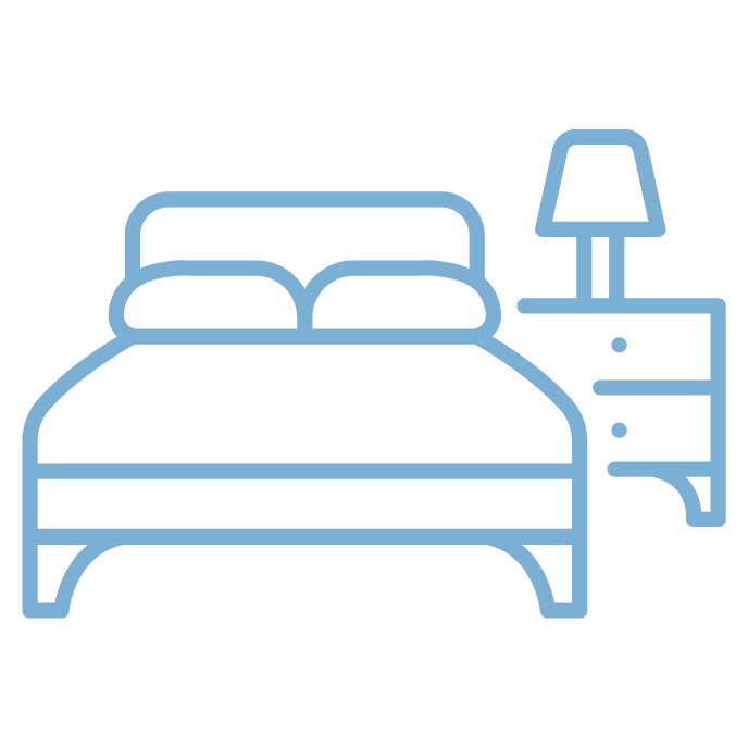 Outline of a bed with a headboard, footboard, and pillows, designed in a simple, minimalist blue line art style.