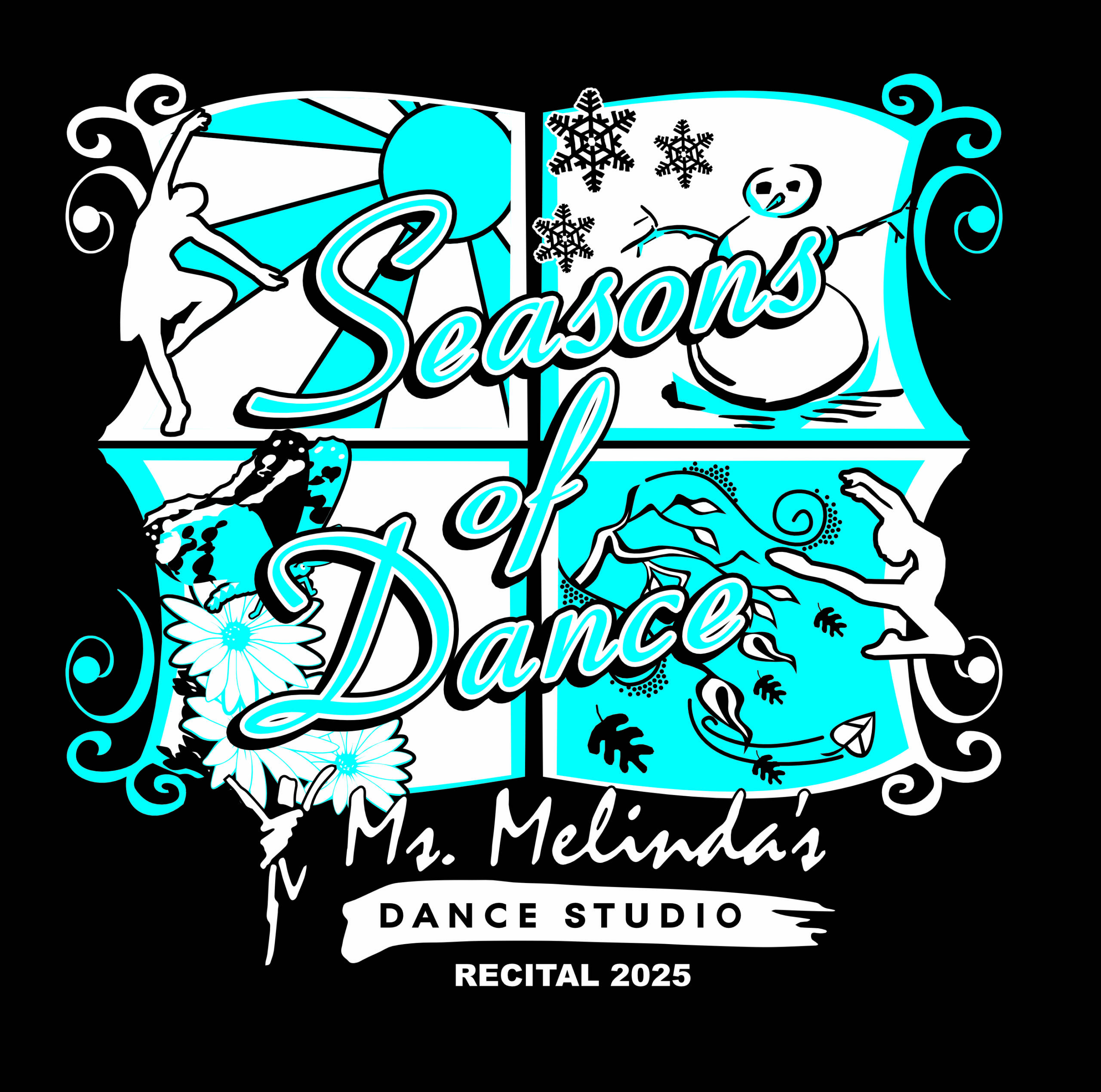 Logo for “Ms. Melinda’s Dance Studio Recital 2025” with four panels showing dancers in seasonal scenes: winter with a snowman, spring with flowers, summer at the beach, and fall with leaves. Text reads “Seasons of Dance.”.