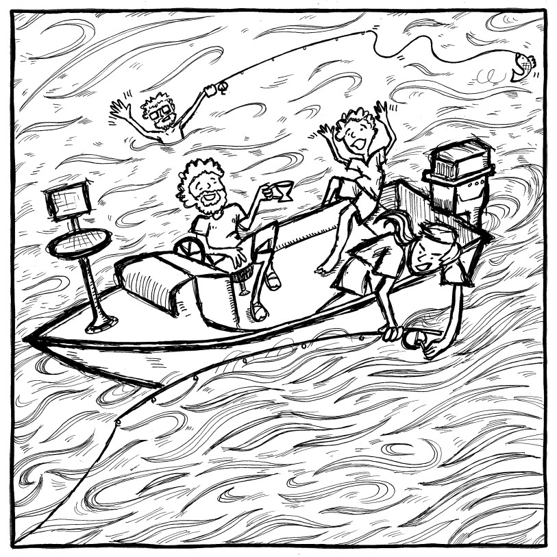 A sketch of four people on a boat: one steers with a drink, one lounges with a glass, one excitedly raises arms, and one leans over the edge. Another person swims in the wavy water, waving at the boat.