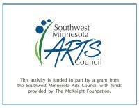 Logo for the Southwest Minnesota Arts Council with a stylized blue and green design. Text states the activity is funded partly by a grant from the council with funds from The McKnight Foundation.