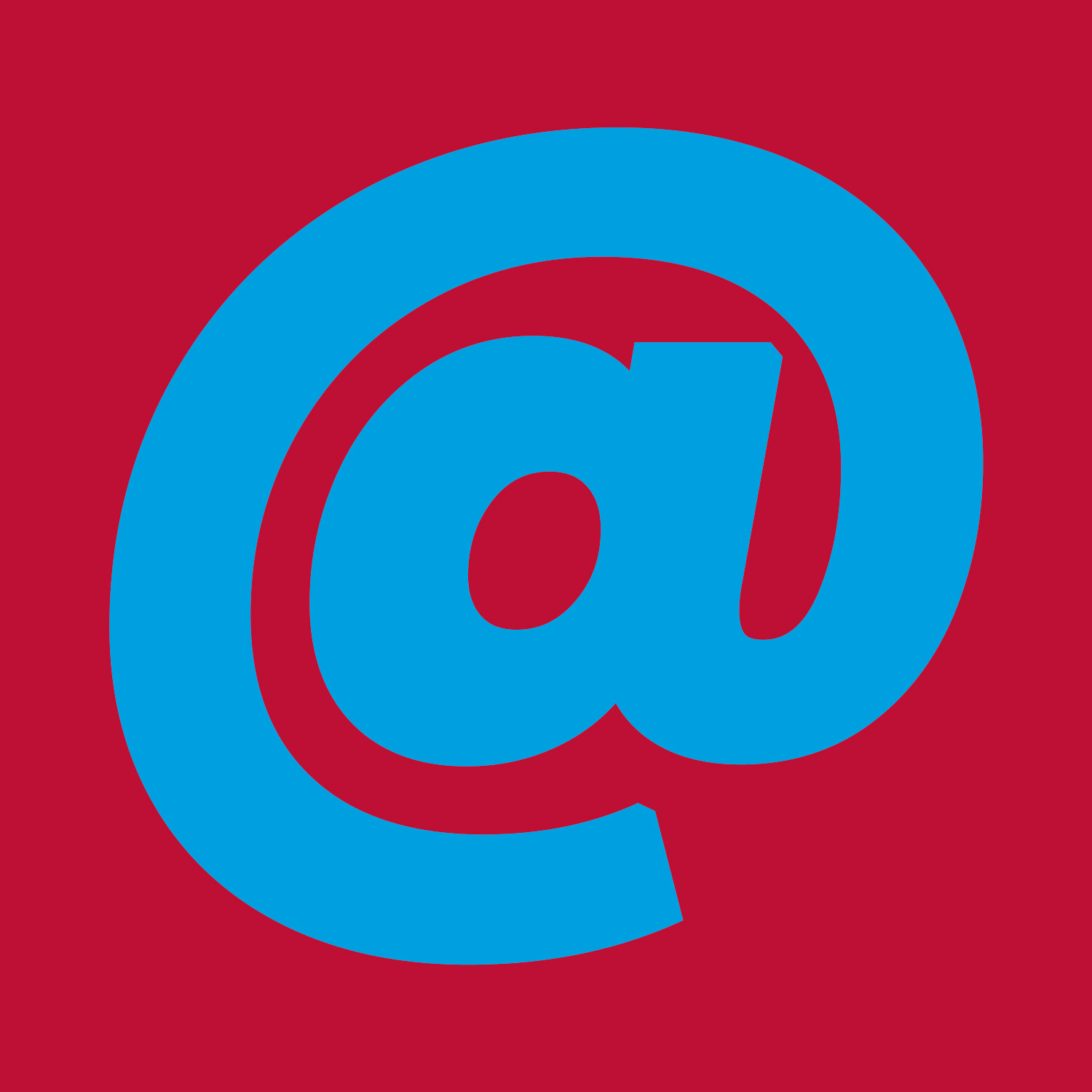 A large blue "@" symbol centered on a solid red background.