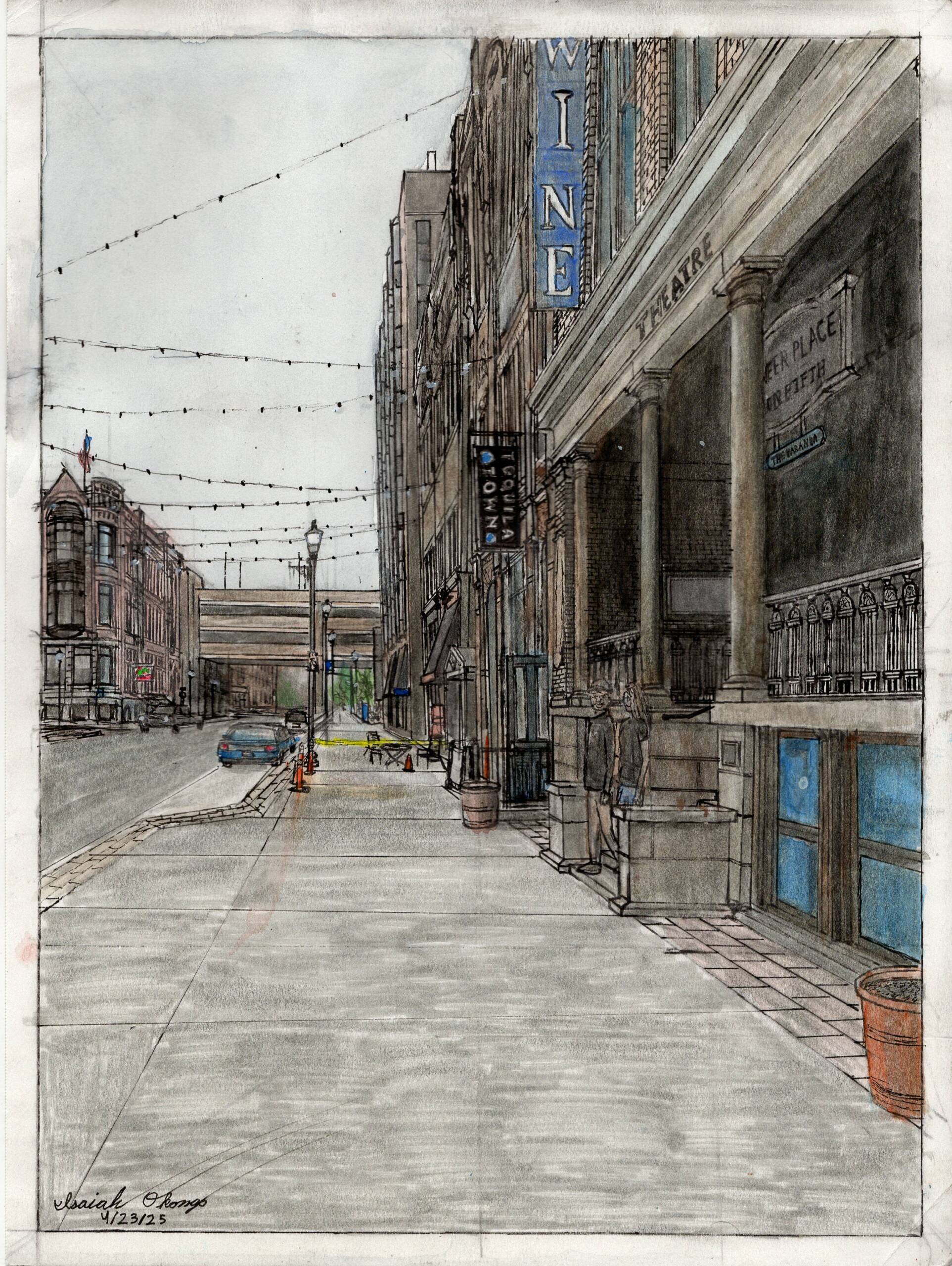A detailed drawing of a city sidewalk with string lights above, tall buildings, a theater entrance, street signs, and a few people walking. There are planters and cars parked along the street.