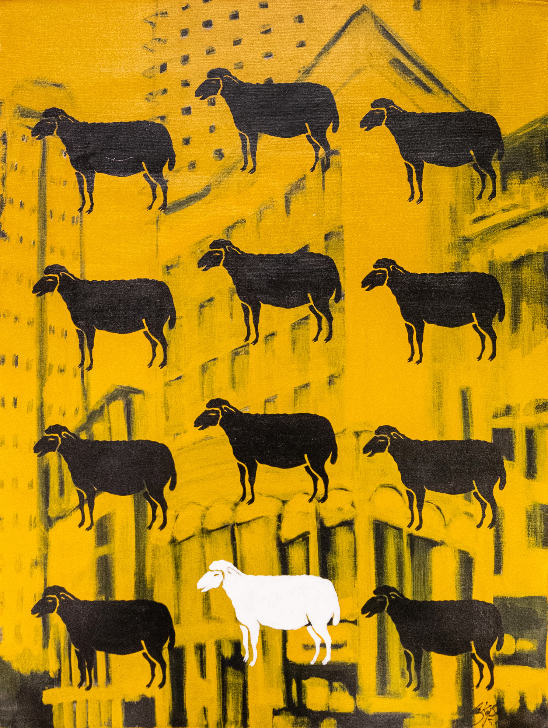 Twelve sheep stand against a yellow cityscape background; eleven are black and one is white, positioned in the center bottom row. The buildings and windows are stylized and abstract.
