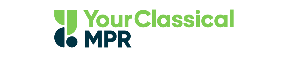 Logo for "YourClassical MPR" with a green and dark blue abstract musical note symbol to the left of the text. "YourClassical" is in bright green, and "MPR" is in dark blue.