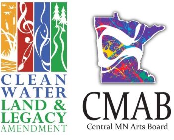 Logo with colorful icons and text "Clean Water Land & Legacy Amendment" on the left, and a stylized image of Minnesota with "CMAB Central MN Arts Board" on the right.