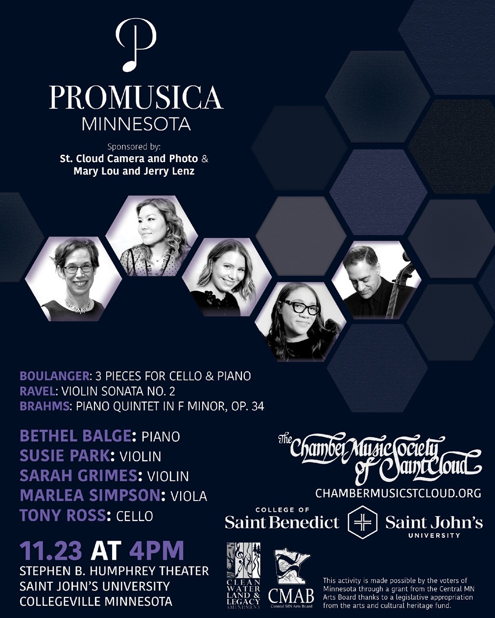 Concert poster for Promusica Minnesota featuring six black-and-white musician portraits, concert details, repertoire, sponsors, and a purple color scheme. Event: Nov. 23 at 4pm, Saint John’s University, Collegeville, MN.