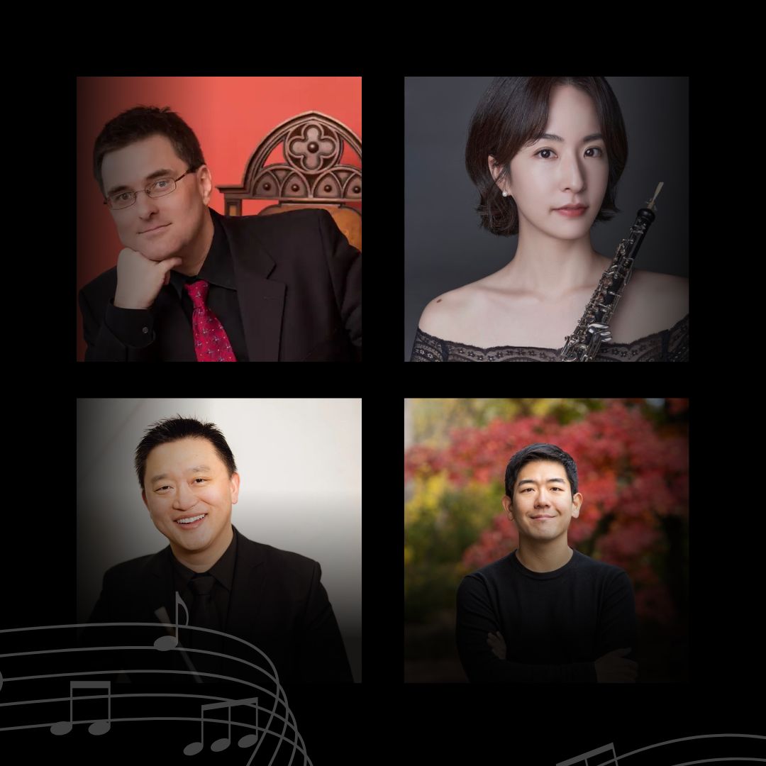 A collage of four professional musicians, two men and two women, each posing individually against different backgrounds. Musical notes are faintly visible along the bottom edge of the image.