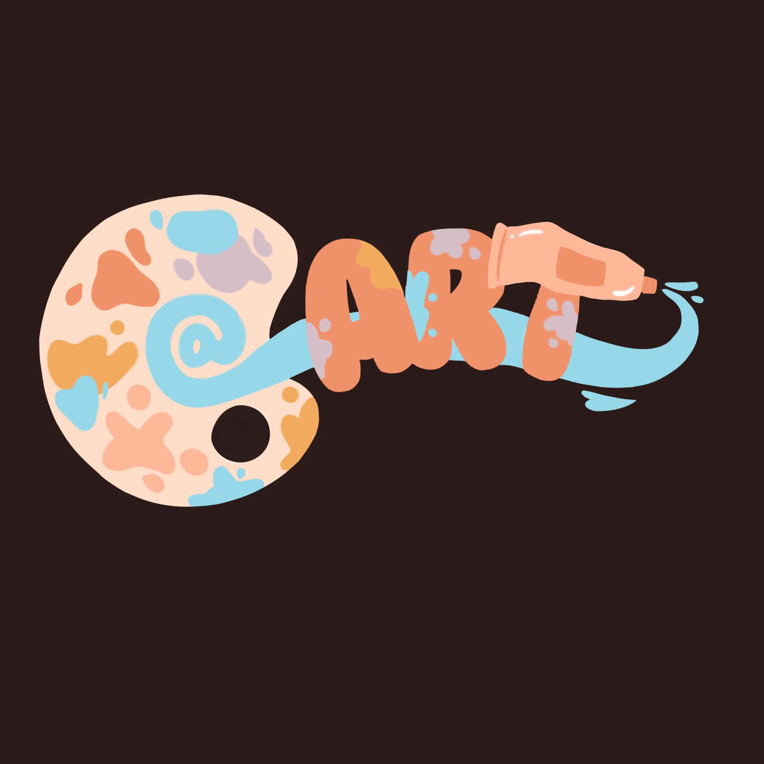 An artist’s palette and a paintbrush form the word “ART,” with colorful paint splashes decorating the letters and background, on a dark surface.