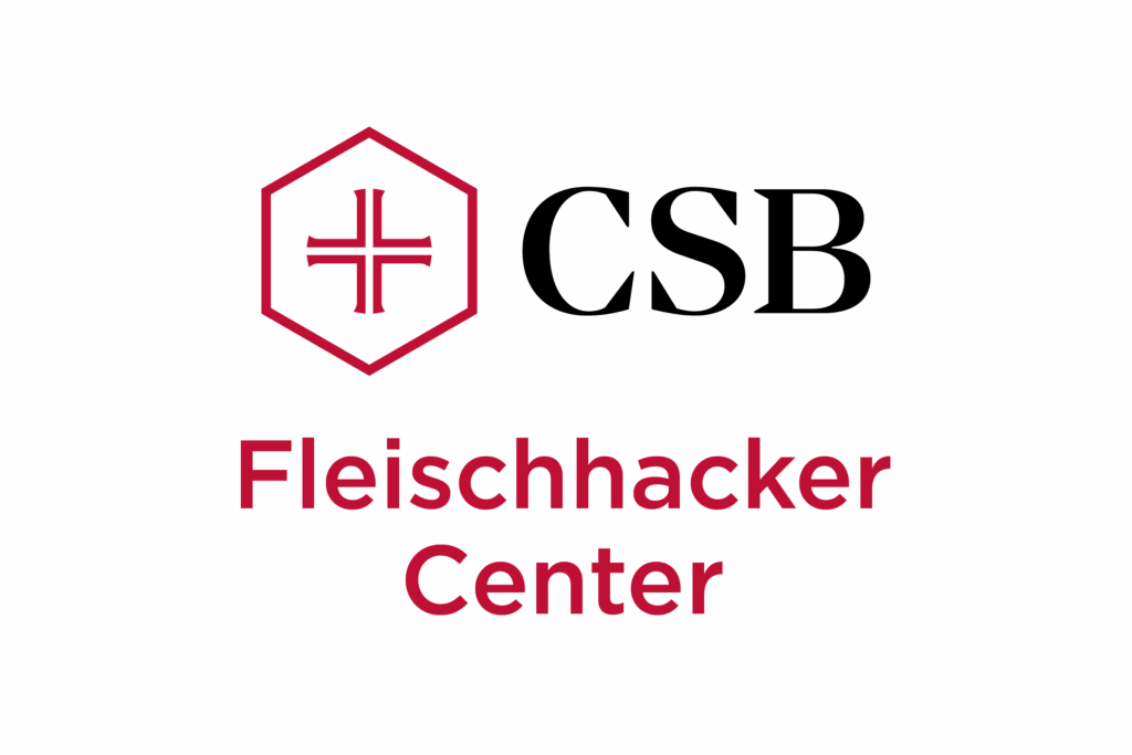 Logo with a red hexagon containing a cross, next to the bold black letters "CSB." Below, "Fleischhacker Center" is written in bold red text. The background is light gray.