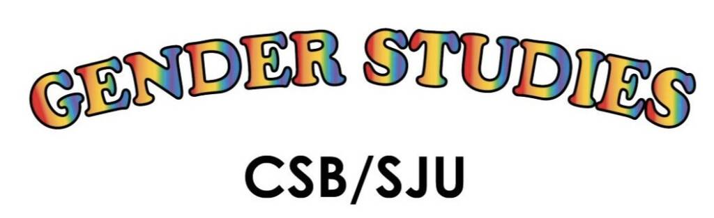 Text reads “Gender Studies” in a bold, rainbow gradient font curved at the top, and “CSB/SJU” in black capital letters below. The design appears on a white background.