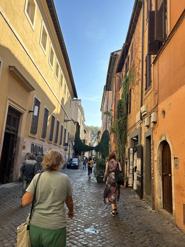 People walk down a narrow cobblestone street lined with colorful old buildings, some covered in greenery. The sky is clear and blue, and the scene has a warm, sunny vibe.