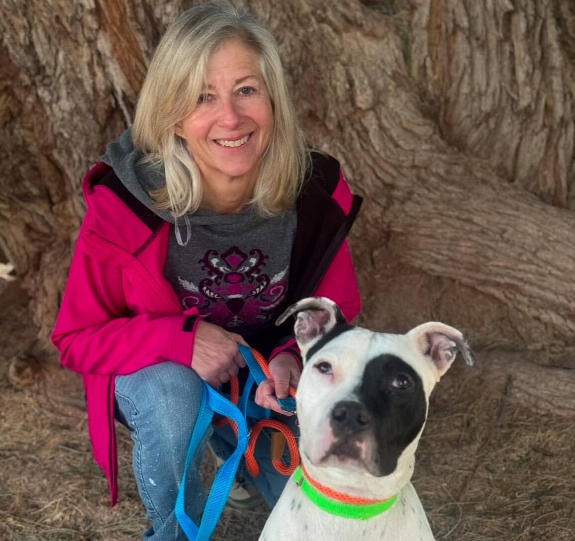A person with blonde hair, wearing a magenta jacket, kneels beside a white dog with black patches. The dog has colorful collars and leashes. They are outdoors with large tree trunks in the background.