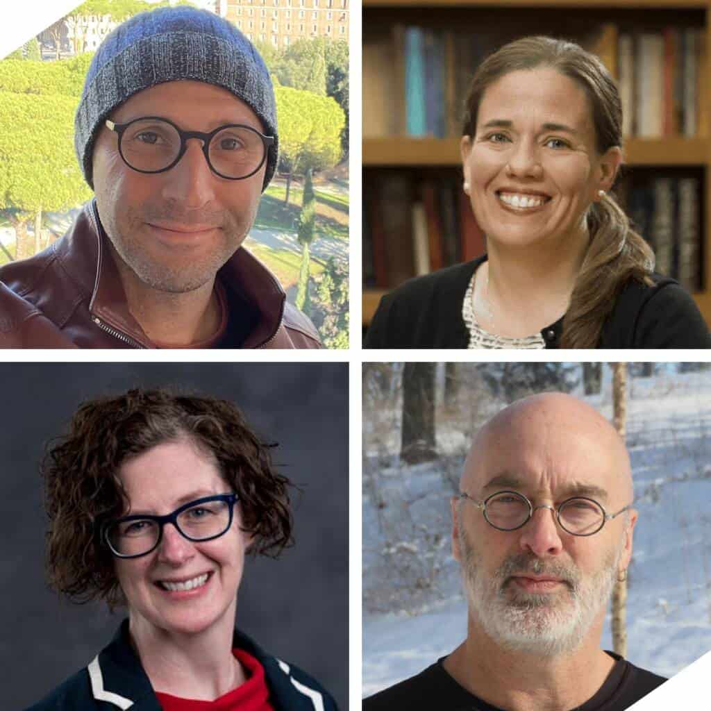 A collage of four people: a man in a beanie and glasses outdoors, a smiling woman with long hair in front of bookshelves, a woman with curly hair and glasses, and a bald man with glasses outside in a snowy setting.