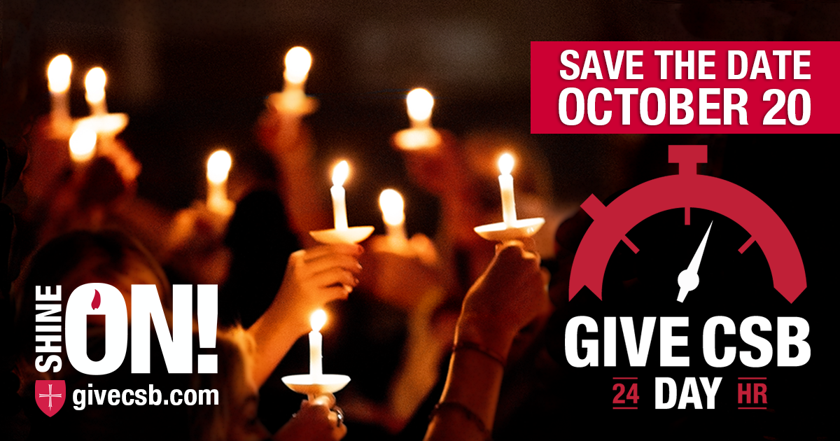 Illuminated candles with text: Save the Date October 20. Give CSB Day. Shine on! 
