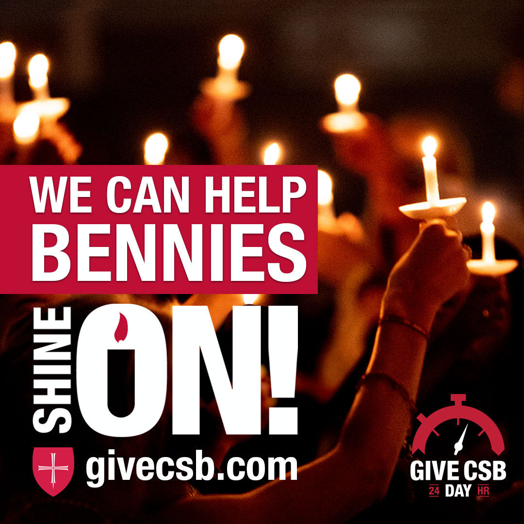 Illuminated candles with text: We can help Bennies Shine On. givecsb.com