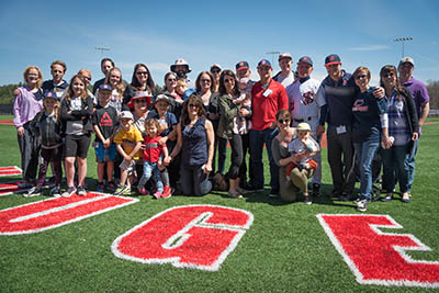 Photo of Jerry Haugen '76 and friends and family at the Haugen Field Naming Ceremony