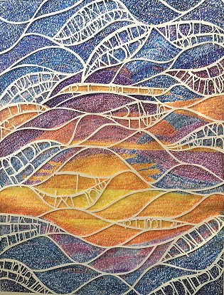 Abstract artwork of colorful wavy lines in blue, purple, orange, and yellow hues, intersected by white, web-like lattice patterns, creating a vibrant, layered effect reminiscent of a landscape or flowing water.