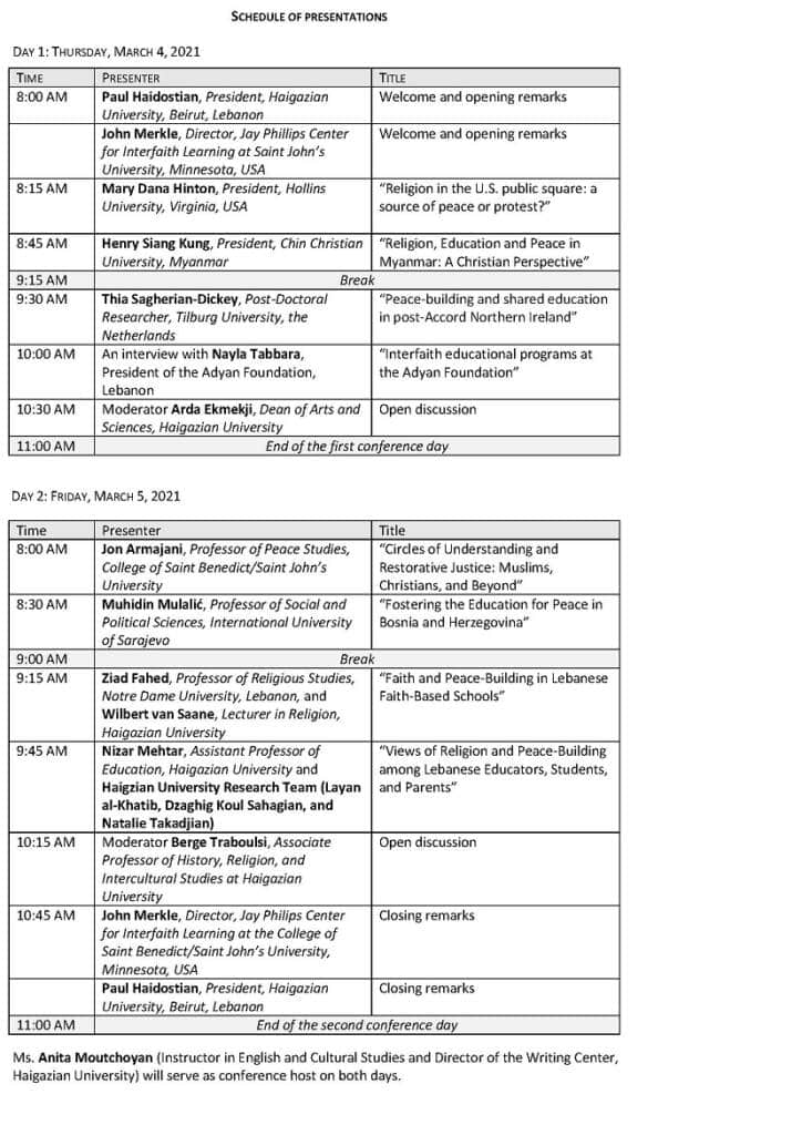 A two-day conference schedule listing presentation times, speakers, titles, and session topics related to religion, education, and peacebuilding, held March 4–5, 2021, with opening and closing remarks and session breaks.