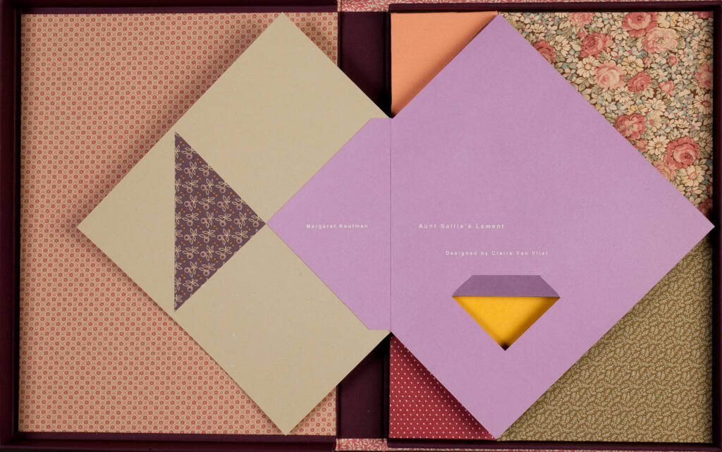 images/Libraries/Artist Books Photo.jpg A visually appealing arrangement displays patterned sheets of paper in a layered, geometric design. The papers feature various floral and geometric patterns in soft reds, browns, lavender, and yellow, with two names printed in white text on a central purple sheet.