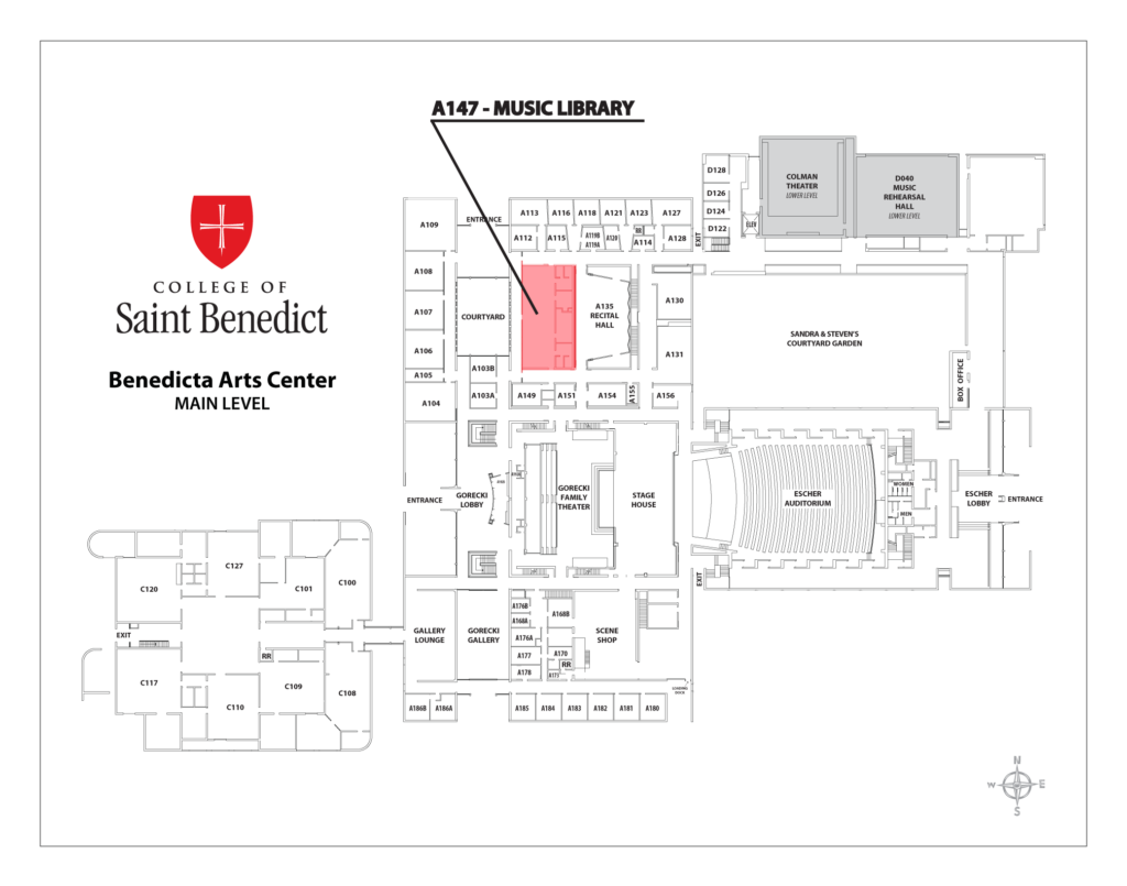 This is a floor plan of the Benedicta Arts Center main level at the College of Saint Benedict. An arrow points to room A147, labeled as the Music Library. Various rooms and facilities are labeled, including practice rooms, studios, and the Stephen B. Humphrey Theater.