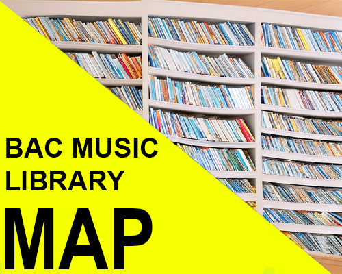A curved bookshelf filled with numerous books, mostly with bright, colorful spines. The left side features a bold, yellow triangular overlay with the text "BAC Music Library Map" in black.