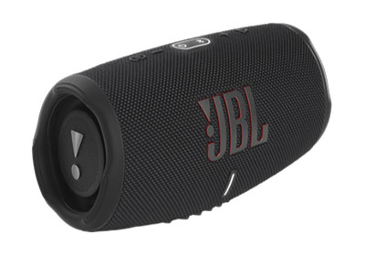 A black portable JBL Bluetooth speaker with a cylindrical design and the JBL logo prominently displayed. The speaker features textured fabric and rubberized ends.