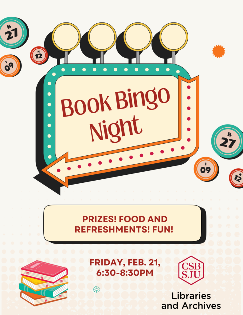 Retro-themed poster for "Book Bingo Night" featuring a marquee sign with an arrow. Text includes "Prizes! Food and Refreshments! Fun!" Event details: Friday, Feb. 21, 6:30-8:30 PM. Decorative bingo balls and book graphics included. Libraries and Archives logo.