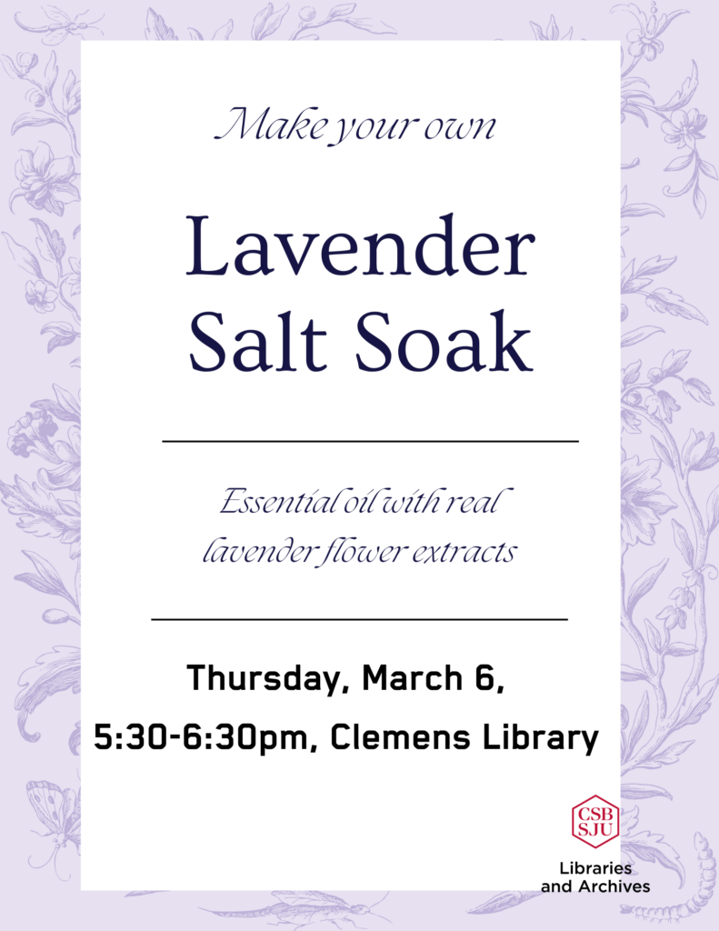 Promotional image for a "Lavender Salt Soak" event at Clemens Library on Thursday, March 6, from 5:30-6:30 pm. It features a decorative lavender floral background with a note about using essential oil and real lavender flower extracts. Hosted by Libraries and Archives.