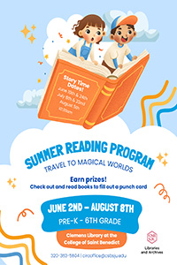 Two cartoon children fly on an open book above clouds. Text promotes a “Summer Reading Program: Travel to Magical Worlds” for pre-K to 6th grade, June 2–August 8, at the College of Saint Benedict library.
