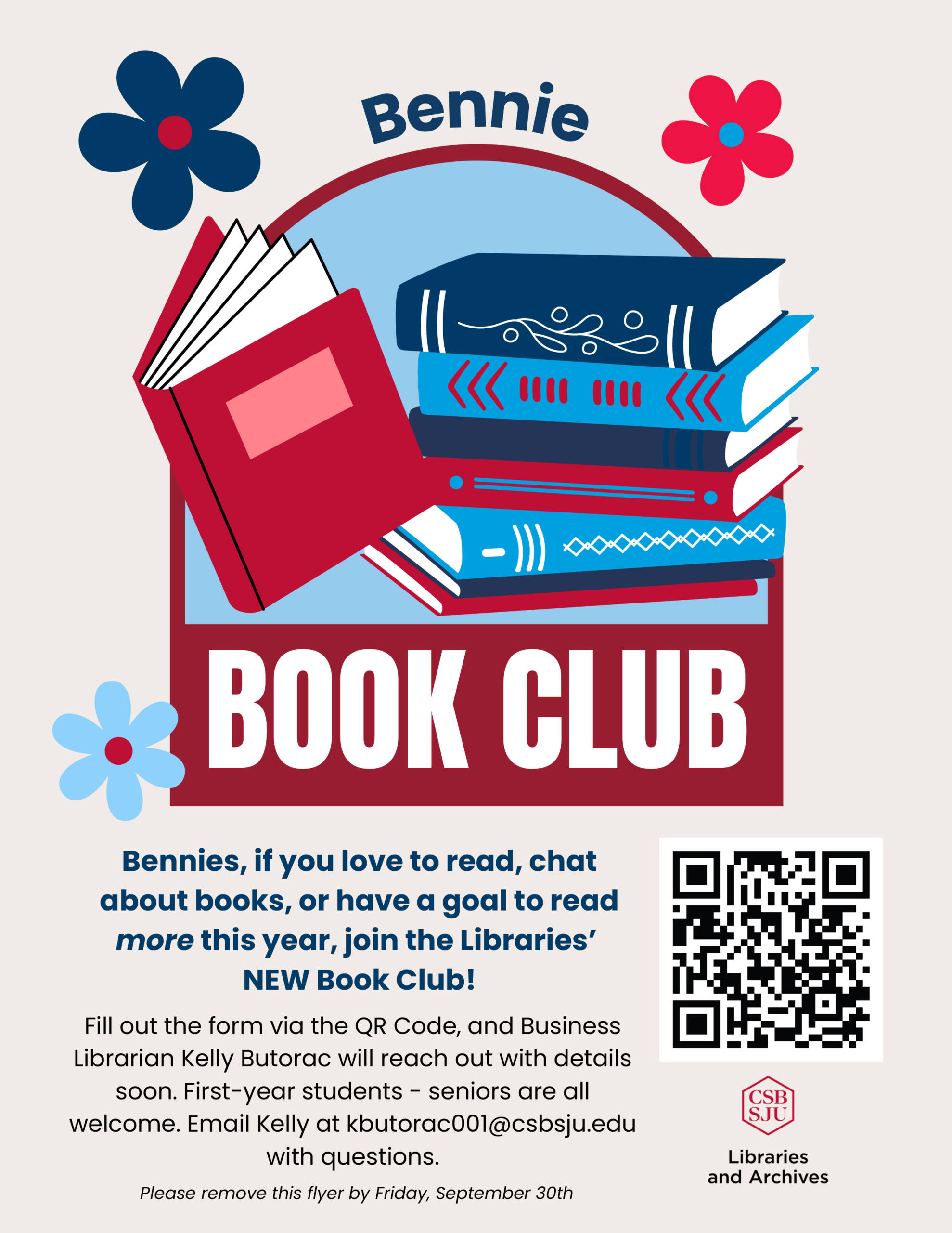 Flyer for Bennie Book Club with stack of books, red and blue flowers, and a QR code. Text invites students to join the club, read books, and contact the library for more details. Libraries and Archives logo appears at the bottom.