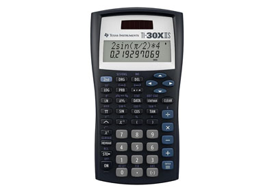 A Texas Instruments TI-30X IIS scientific calculator displaying a trigonometric equation and result on its screen. The calculator has a solar panel and various function buttons.