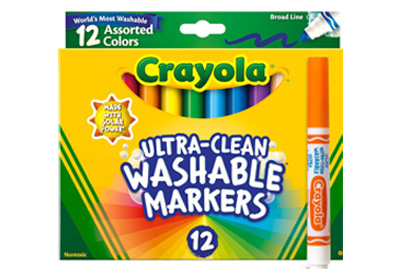 A box of Crayola Ultra-Clean Washable Markers, featuring 12 assorted colors. The packaging is yellow with a rainbow of marker tips visible and one orange marker displayed outside the box.