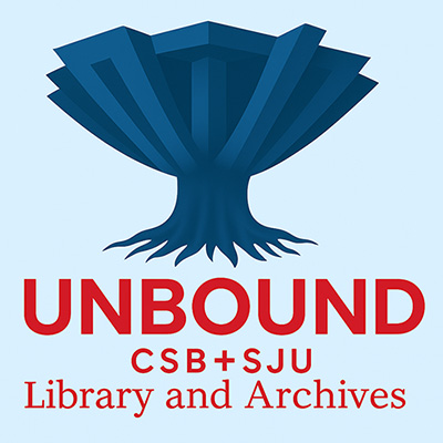 Logo featuring a stylized blue tree resembling an open book above the text: "UNBOUND CSB+SJU Library and Archives" in red and orange on a light blue background.