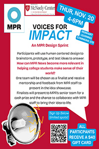 A flyer for an MPR Design Sprint event titled “VOICES FOR IMPACT” on Nov. 20, 4-6 PM, at St. Thomas campus. It promotes collaboration to improve MPR News for college students. All participants receive a $40 gift card.