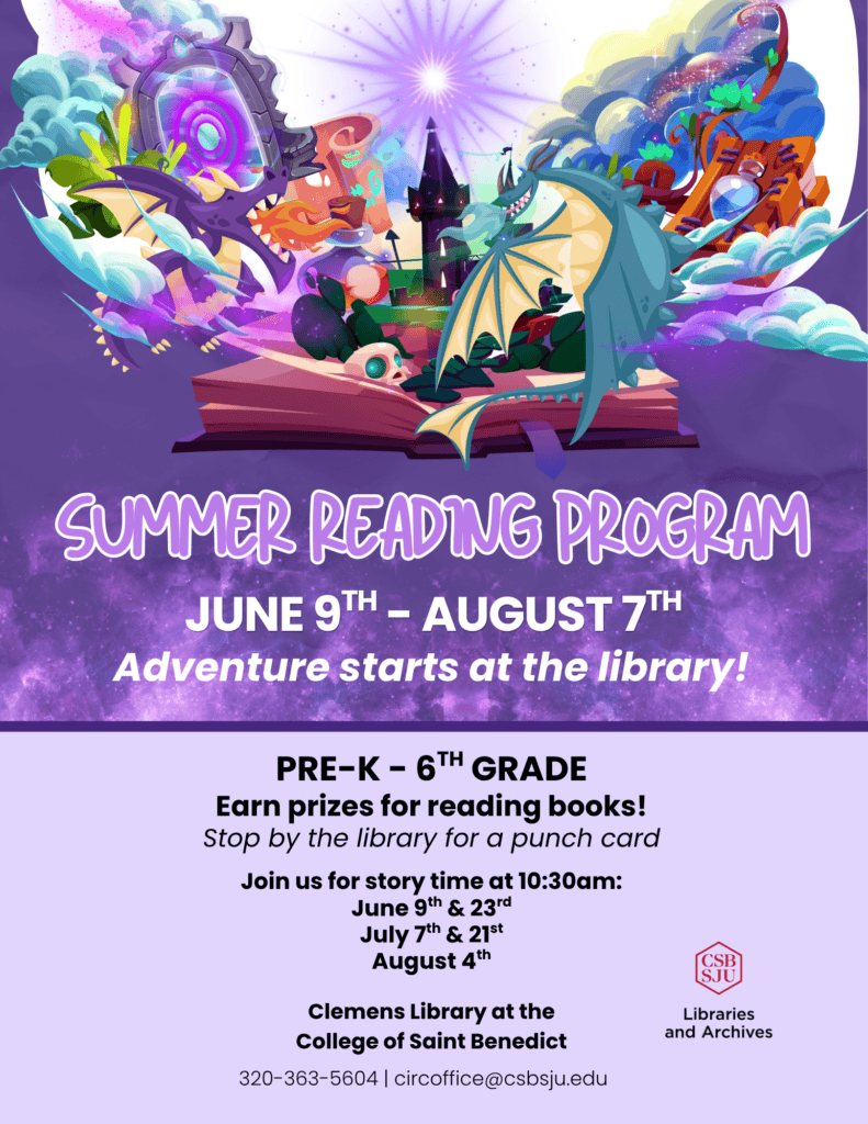 Colorful poster for a summer reading program themed around dragons and adventure, running June 9–August 7 for Pre-K–6th grade, with dates for story times and prize info. Hosted by Clemens Library, College of Saint Benedict.