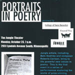 Flyer for "Portraits in Poetry" at The Jungle Theater on Monday, October 23, 7 p.m. Features an image of an open book. Presented by College of Saint Benedict. Event explores works of prize-winning poets with new voices.