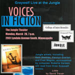 Poster for "Voices in Fiction" event at the Jungle Theater, Minneapolis, on March 26 at 7 p.m. Features Jungle artists reading from Graywolf novels. Includes logos and a book cover image titled "And Give You Peace.