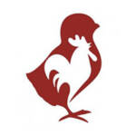 A red silhouette of a bird with the negative space inside forming the shape of a rooster. The design combines both birds creatively, utilizing the rooster's comb and wattle within the larger bird’s outline.