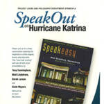 Poster for "Speak Out on Hurricane Katrina," featuring the book "Speakeasy: Our Century, Ourselves" by M.Y. Lee. It mentions a conversation event with Tony Cunningham, Matt Lindstrom, Derek Larson, and Ozzie Mayers.