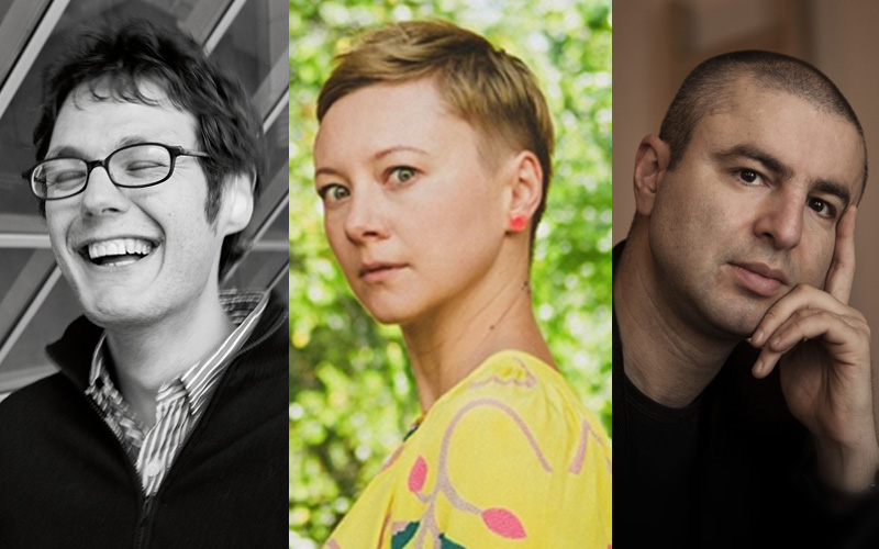 Three people in a composite image: Left, a person with glasses laughing; center, a person with short hair in a yellow top looking at the camera; right, a person resting their head on their hand in a contemplative pose.