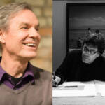 A collage of two images. On the left, a man with gray hair smiles while looking to the side. On the right, a different man with glasses sits at a table, focused on writing or drawing, with a black-and-white photo in the background.