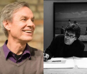 A collage of two images. On the left, a man with gray hair smiles while looking to the side. On the right, a different man with glasses sits at a table, focused on writing or drawing, with a black-and-white photo in the background.